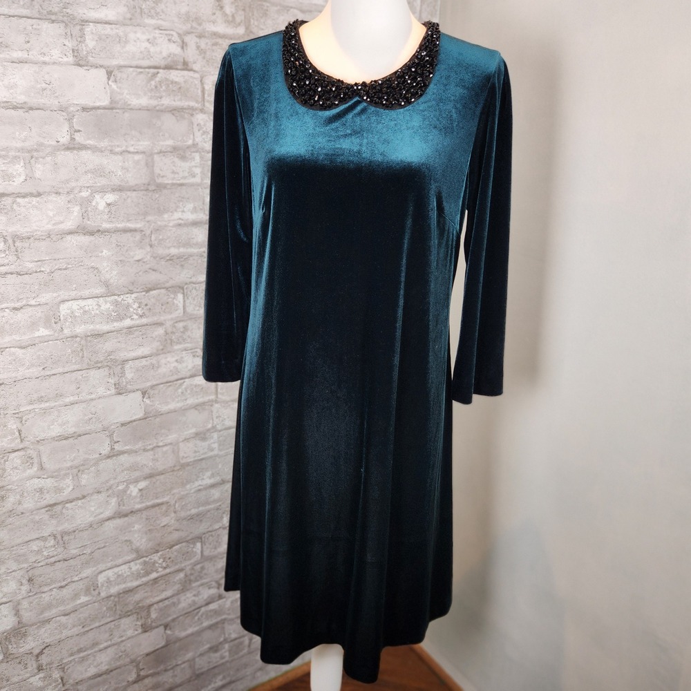 Betsey Johnson Shift Dress Green Velvet Sequin Pilgrim Collar Party Holiday 10
